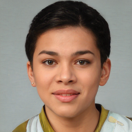 Joyful white young-adult female with short  black hair and brown eyes