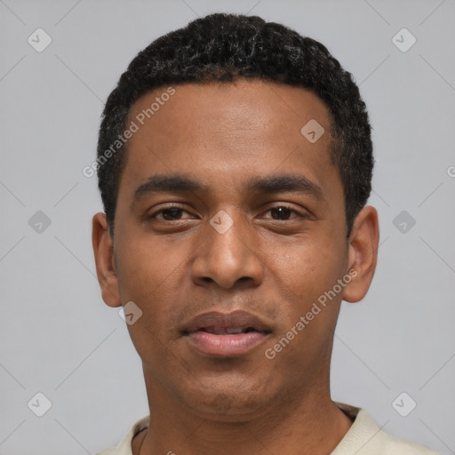 Neutral black young-adult male with short  black hair and brown eyes