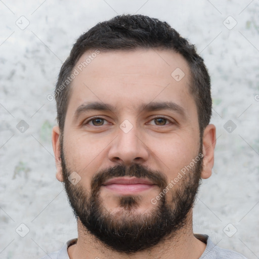 Neutral white young-adult male with short  black hair and brown eyes