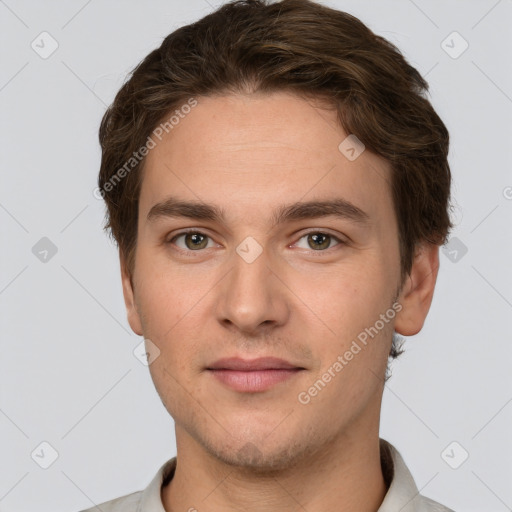 Neutral white young-adult male with short  brown hair and grey eyes