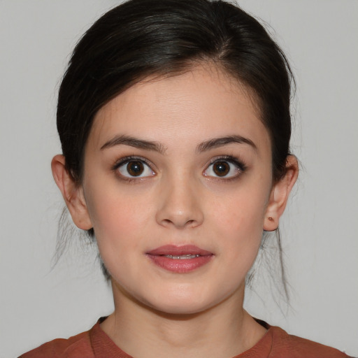 Neutral white young-adult female with medium  brown hair and brown eyes