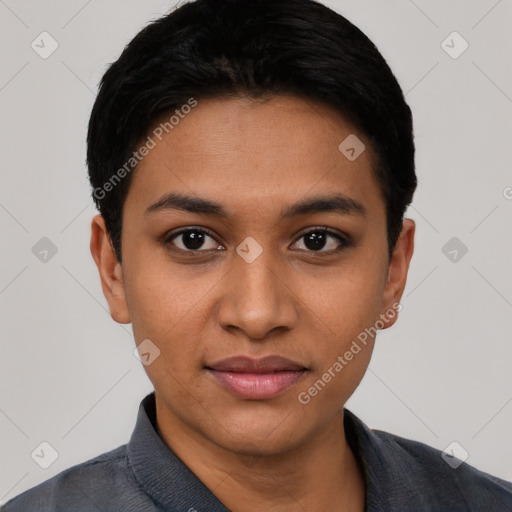 Joyful latino young-adult female with short  black hair and brown eyes