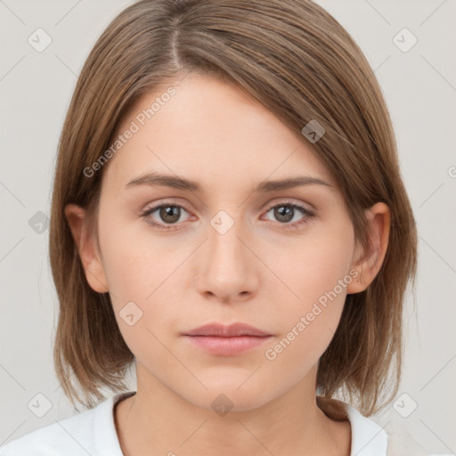 Neutral white young-adult female with medium  brown hair and brown eyes