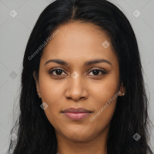 Joyful latino young-adult female with long  black hair and brown eyes