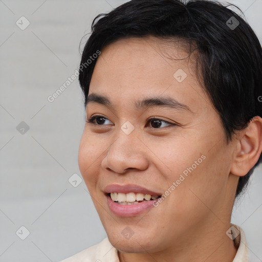 Joyful asian young-adult female with short  brown hair and brown eyes