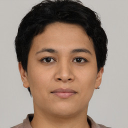 Neutral asian young-adult female with short  brown hair and brown eyes