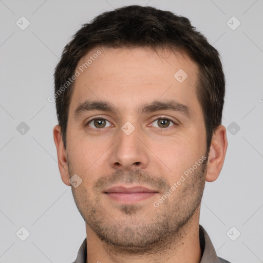 Neutral white young-adult male with short  brown hair and brown eyes