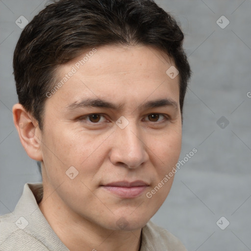 Joyful white adult male with short  brown hair and brown eyes