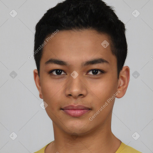 Neutral latino young-adult male with short  black hair and brown eyes