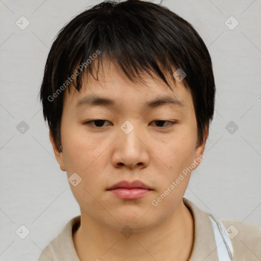 Neutral asian young-adult female with short  brown hair and brown eyes