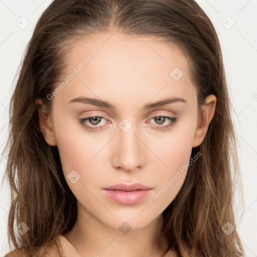 Neutral white young-adult female with long  brown hair and brown eyes