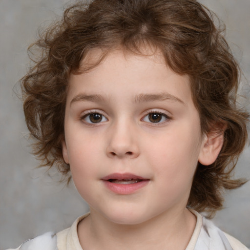 Joyful white child female with medium  brown hair and brown eyes