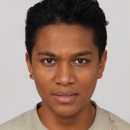 Neutral black young-adult male with short  black hair and brown eyes