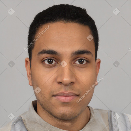 Neutral latino young-adult male with short  black hair and brown eyes