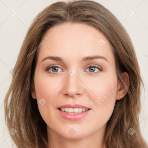 Joyful white young-adult female with long  brown hair and blue eyes