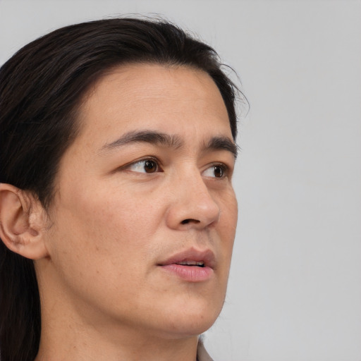 Neutral asian young-adult male with long  brown hair and brown eyes