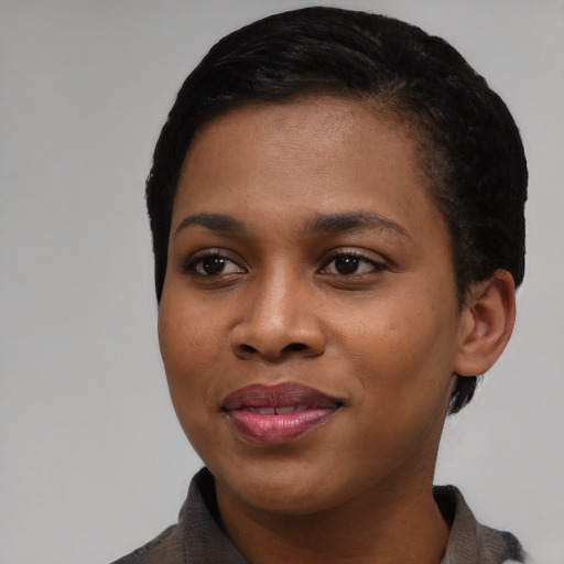 Joyful black young-adult female with short  black hair and brown eyes