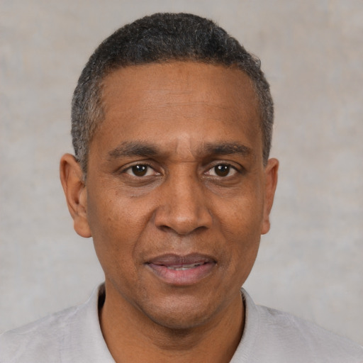 Neutral black adult male with short  black hair and brown eyes