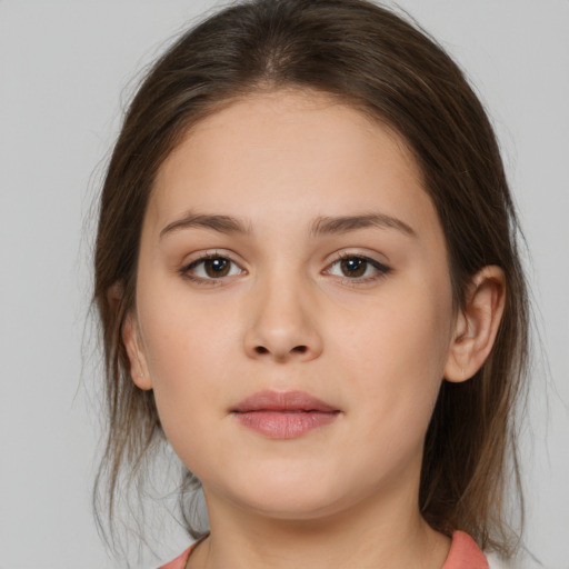 Neutral white young-adult female with medium  brown hair and brown eyes