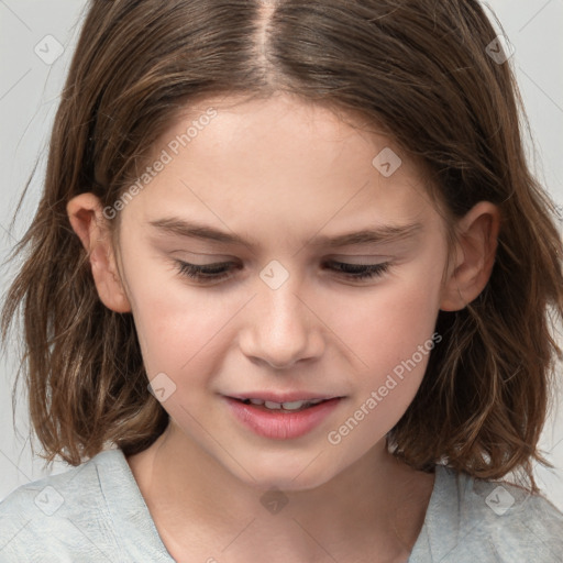 Joyful white child female with medium  brown hair and brown eyes