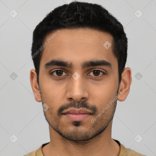 Neutral latino young-adult male with short  black hair and brown eyes