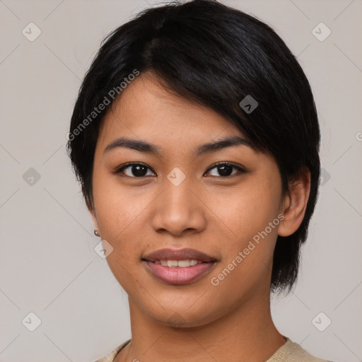 Joyful asian young-adult female with medium  black hair and brown eyes