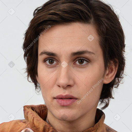 Neutral white young-adult female with short  brown hair and brown eyes