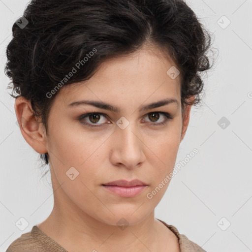 Neutral white young-adult female with short  brown hair and brown eyes