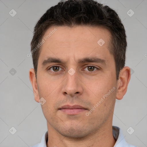 Neutral white adult male with short  brown hair and brown eyes