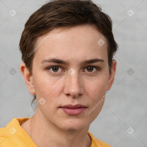 Neutral white young-adult female with short  brown hair and brown eyes