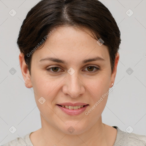 Joyful white young-adult female with short  brown hair and brown eyes