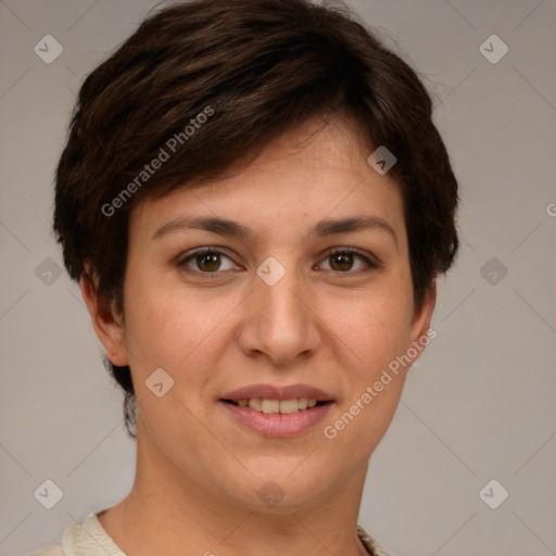 Joyful white young-adult female with short  brown hair and brown eyes