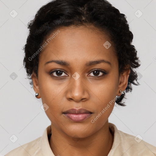 Neutral black young-adult female with short  black hair and brown eyes