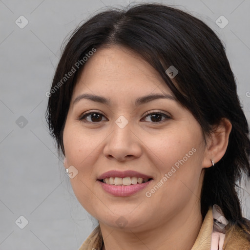 Joyful white young-adult female with medium  brown hair and brown eyes