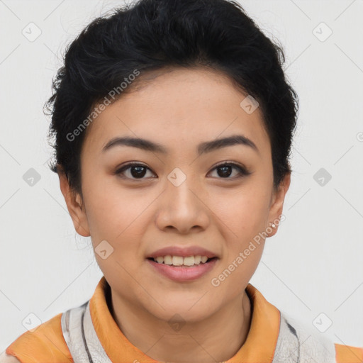 Joyful asian young-adult female with short  black hair and brown eyes