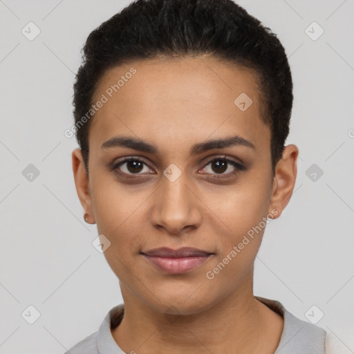 Joyful latino young-adult female with short  black hair and brown eyes