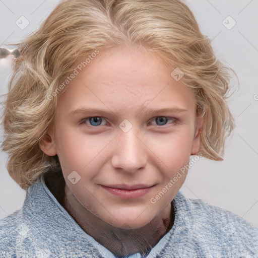 Joyful white child female with medium  brown hair and blue eyes