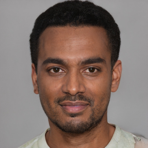 Neutral black young-adult male with short  black hair and brown eyes