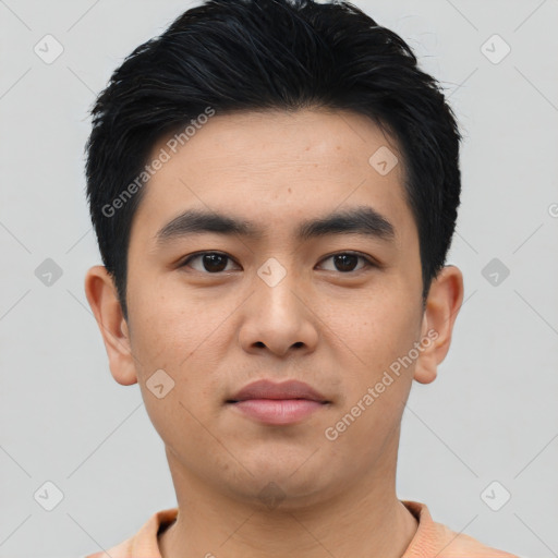 Neutral asian young-adult male with short  black hair and brown eyes