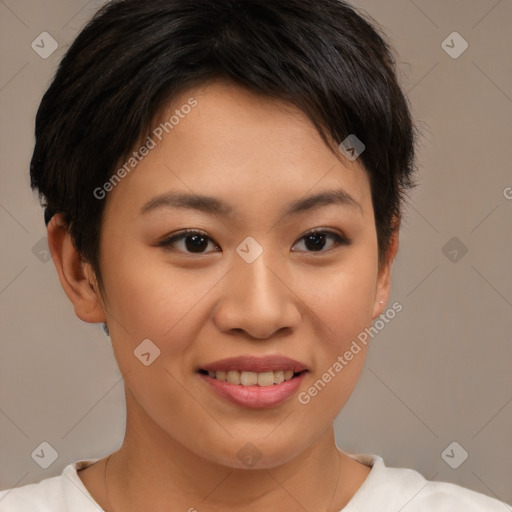 Joyful asian young-adult female with short  brown hair and brown eyes