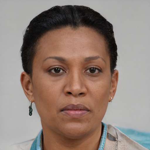 Joyful black adult female with short  brown hair and brown eyes