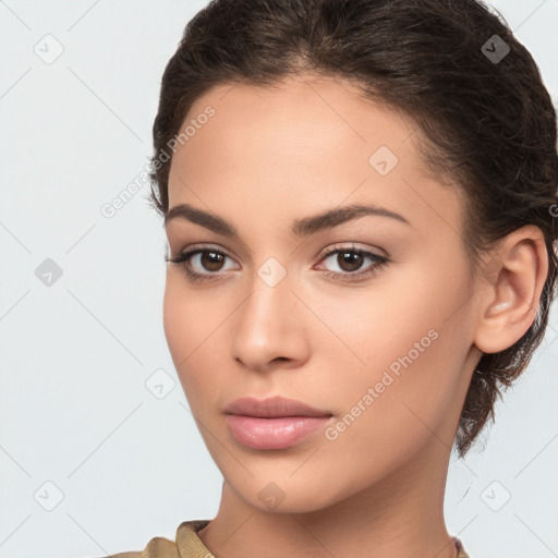 Neutral white young-adult female with medium  brown hair and brown eyes