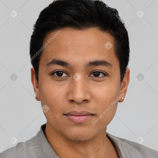 Neutral latino young-adult male with short  black hair and brown eyes