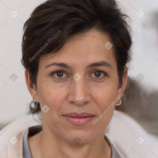 Joyful white adult female with short  brown hair and brown eyes