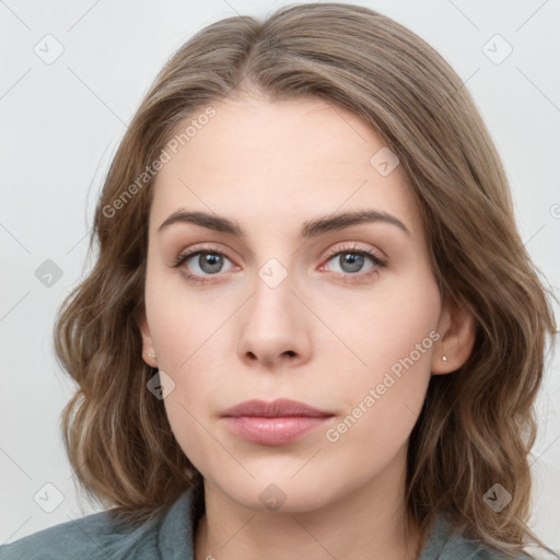 Neutral white young-adult female with medium  brown hair and grey eyes