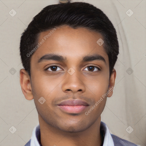 Neutral latino young-adult male with short  black hair and brown eyes