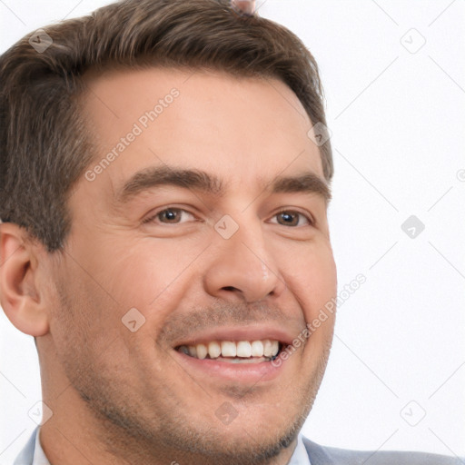 Joyful white young-adult male with short  brown hair and brown eyes