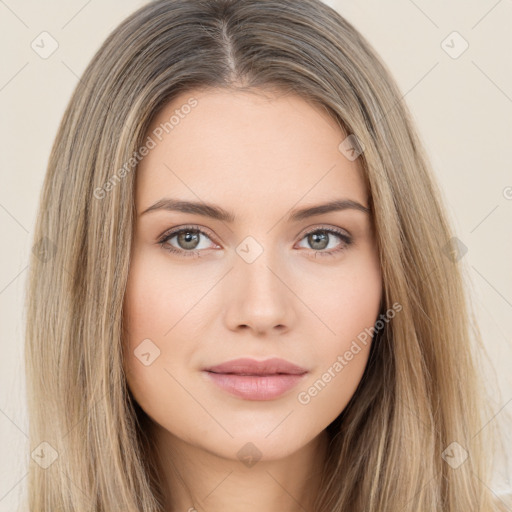 Neutral white young-adult female with long  brown hair and brown eyes