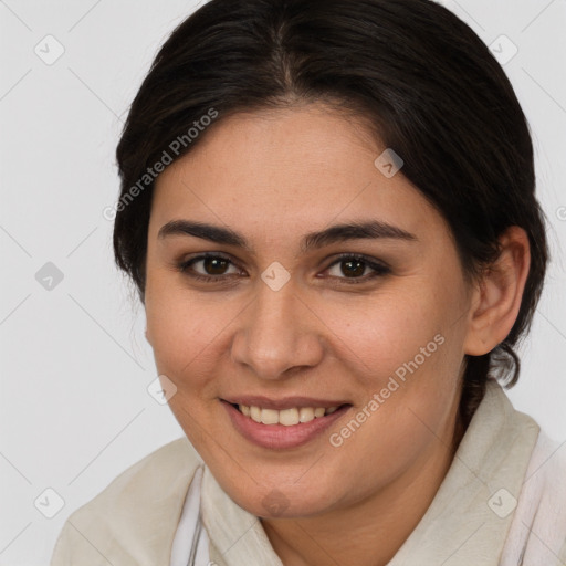 Joyful white young-adult female with medium  brown hair and brown eyes