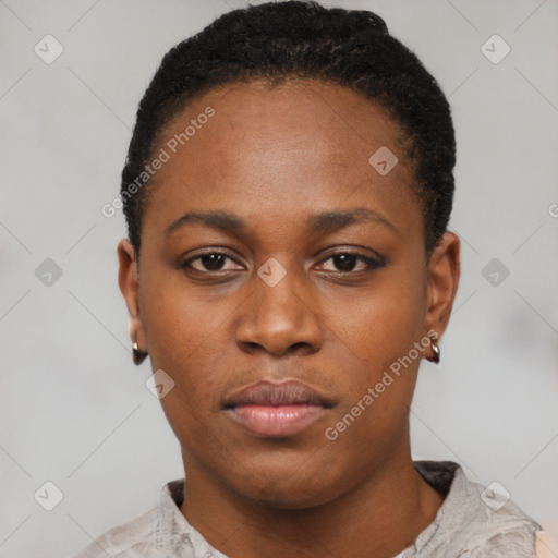 Neutral black young-adult female with short  black hair and brown eyes